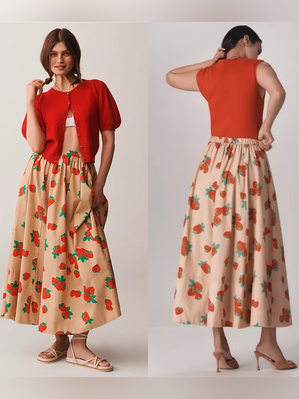 Anthropologie Beige Maxi Skirt with Strawberry Print